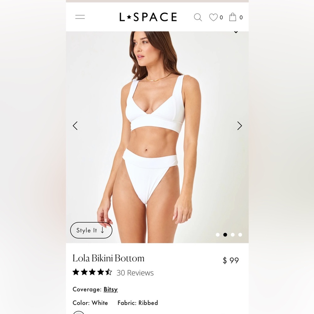 L*Space Lola White Bikini Bottom. BNWT. Size S